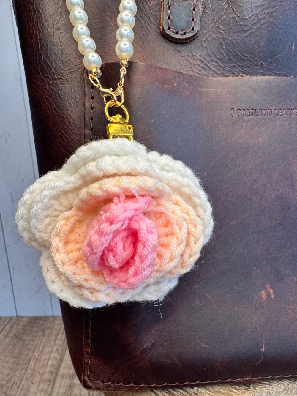 Crochet Bag Charm Crochet Pearl White Rose Charm Pearl Wristlet White Flower